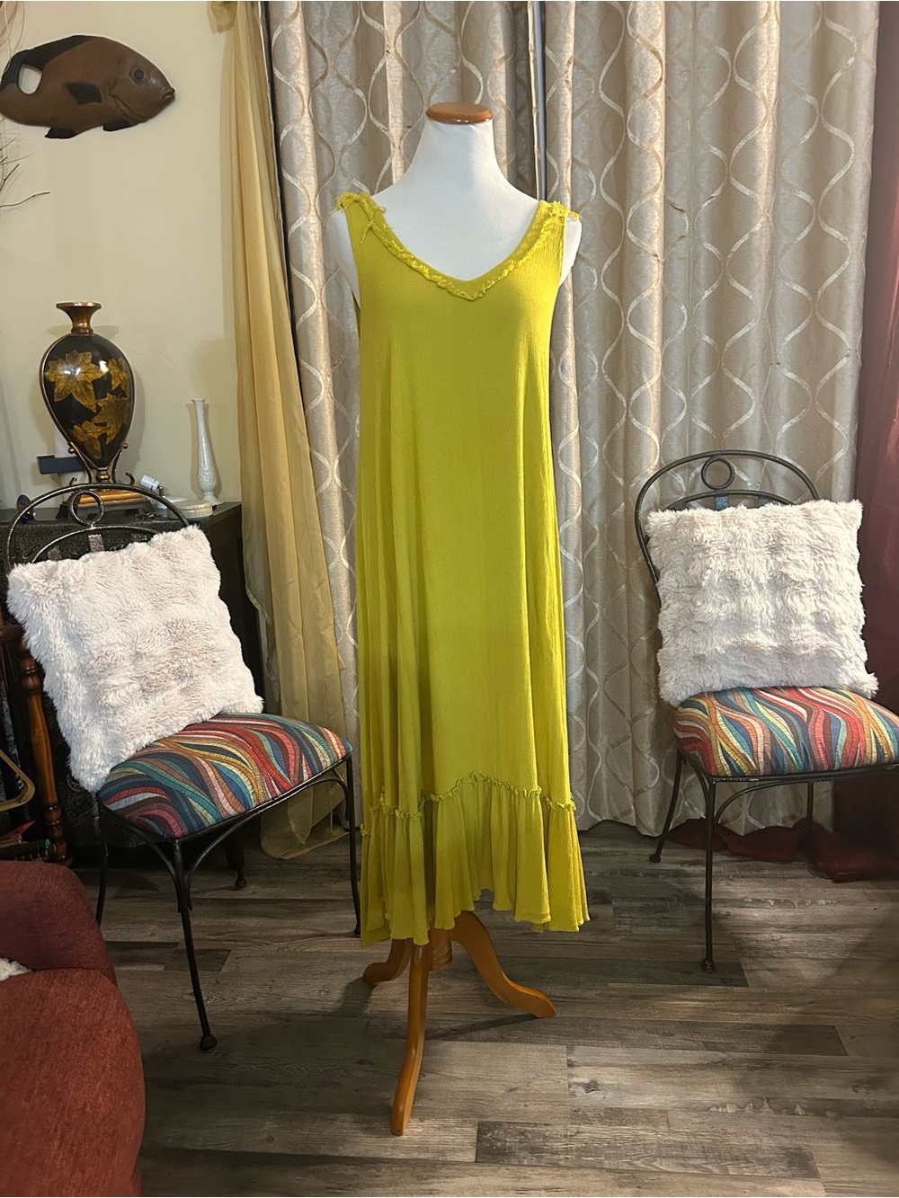 easel Lime Green V-Neck Ruffled Hem Maxi Dress